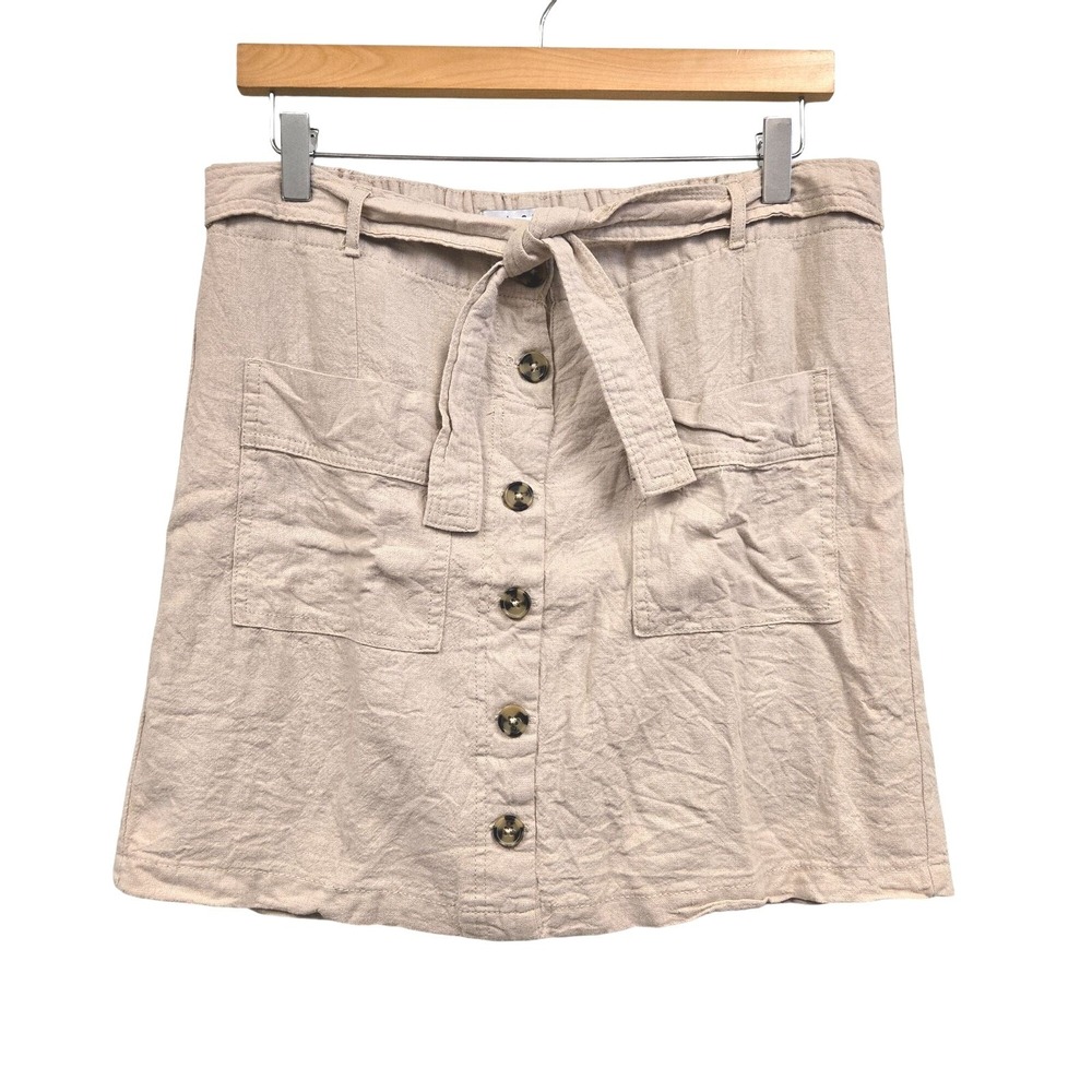 Purple &‎ More Linen Blend Button Front Mini Skirt M Beige Tie Waist Minimalist